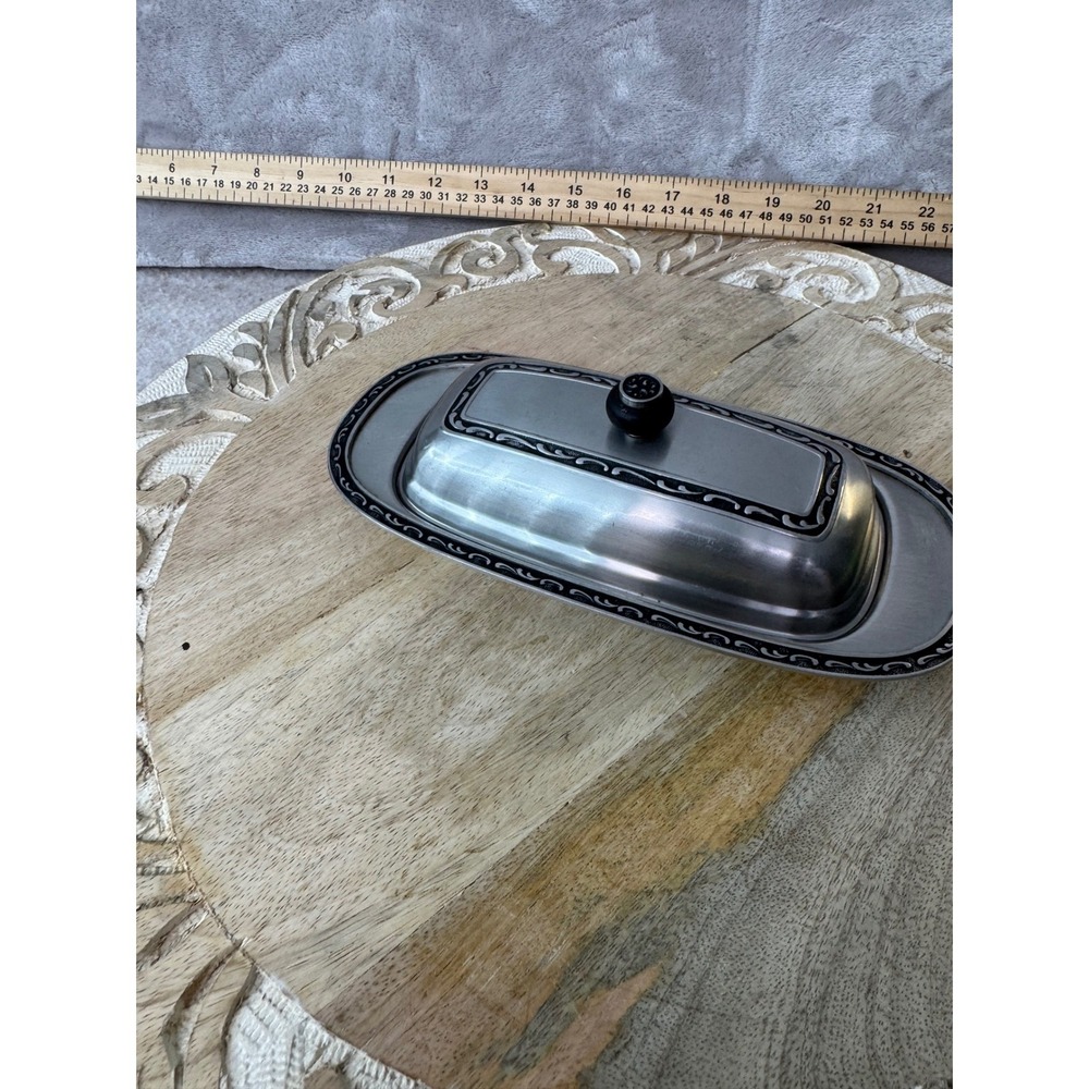 Oneida 18/8 Stainless Steel Butter Dish with Lid Scrollwork Border Silver Trim